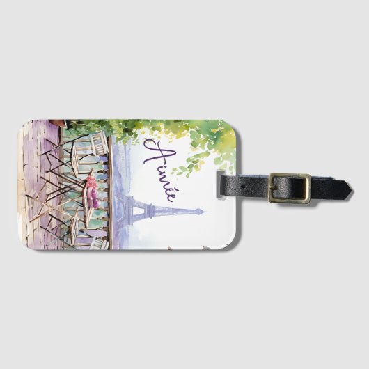 Waterverf Eiffeltoren Parijs Franse cafénaam Bagagelabel (Voorkant (horizontaal))