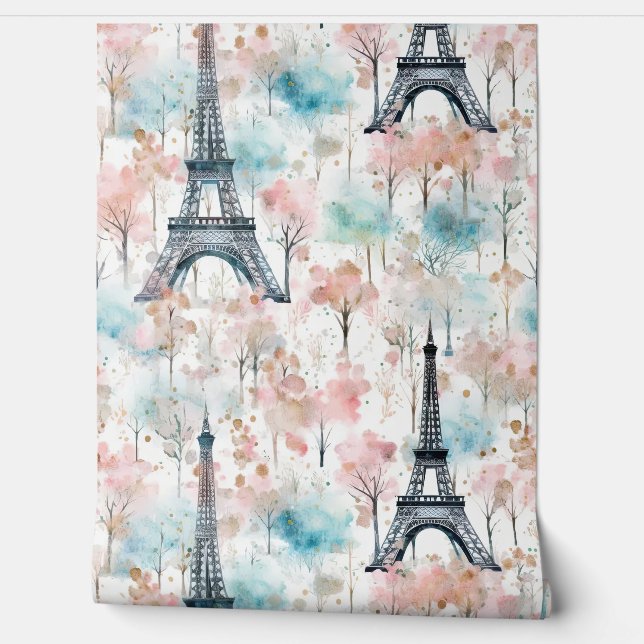 Waterverf Eiffeltoren Paris Roze Blauw Behang (Afrollen)
