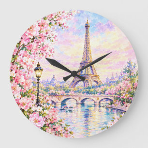 Waterverf Eiffeltoren Roze Bloemen Frans Paris Grote Klok