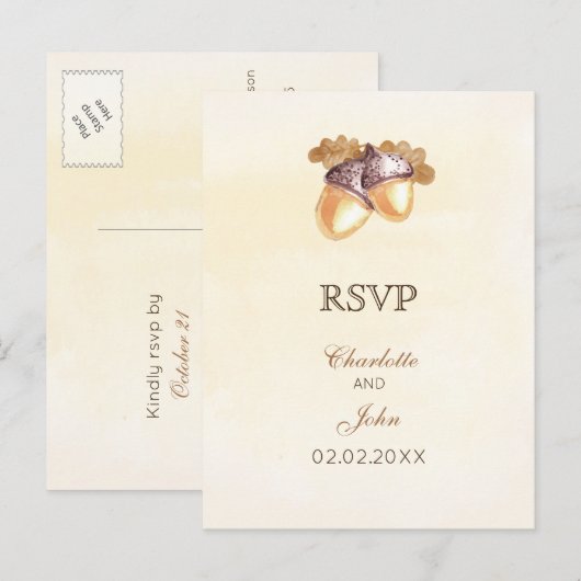 waterverf eikels eikenbladeren vallen bruiloft RSV Uitnodiging Briefkaart (Voorkant / Achterkant)