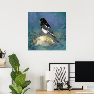 Waterverf Ekster Vogel Natuur Kunst Poster