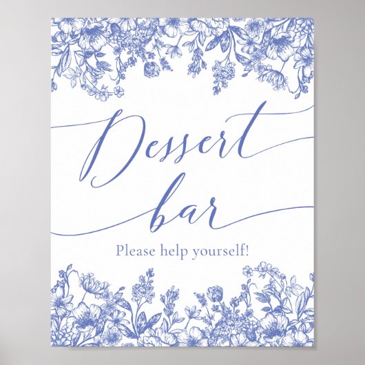 Waterverf Elegant Blauw Bloemen Dessert Bar Teken Poster (Voorkant)