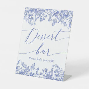 Waterverf Elegant Blauw Bloemen Dessert Bar Teken Reclamebord Met Voetstuk