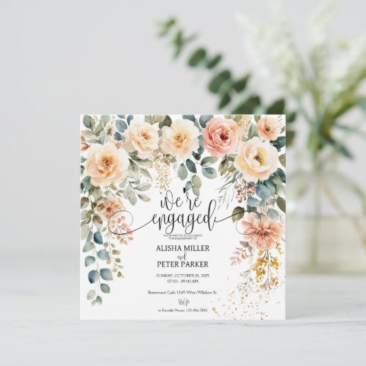 Waterverf Elegant Bloemen Engagement Party Kaart (Staand voorkant)