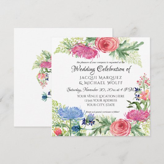 Waterverf Elegant Blue en roze Floral Fern Leaf Kaart (Voorkant / Achterkant)