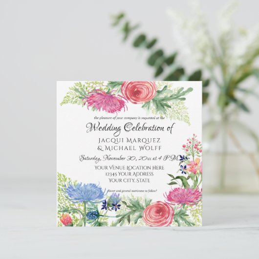 Waterverf Elegant Blue en roze Floral Fern Leaf Kaart (Staand voorkant)