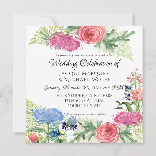 Waterverf Elegant Blue en roze Floral Fern Leaf Kaart (Voorkant)