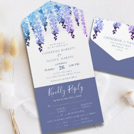 Waterverf Elegant Blue Paars Floral Wedding All In One Uitnodiging