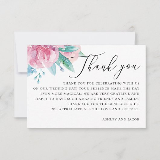Waterverf Elegant Blush Roze Bloemen Bruiloft Bedankkaart (Voorkant)