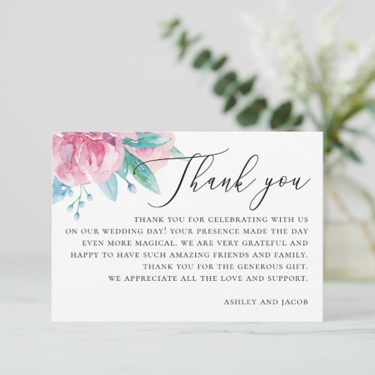 Waterverf Elegant Blush Roze Bloemen Bruiloft Bedankkaart (Staand voorkant)