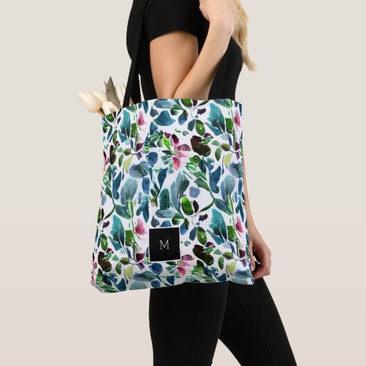 Waterverf Elegant Botanisch Bloemen monogram Tote Bag (Dichtbij)