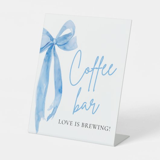Waterverf Elegant Dusty Blue Bow Coffee Bar Sign Reclamebord Met Voetstuk (Voorkant)