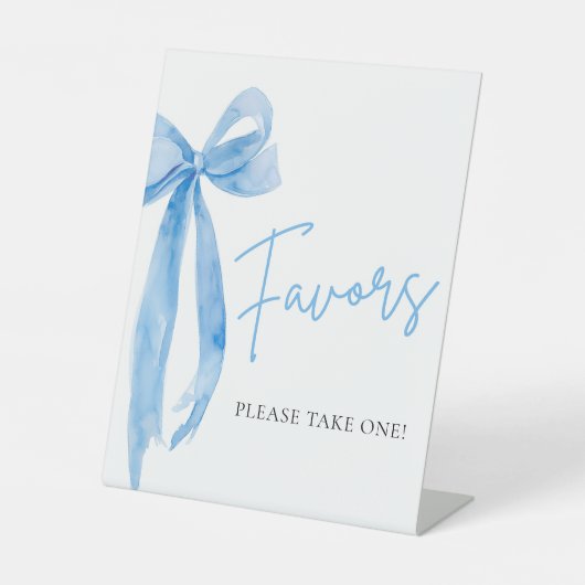 Waterverf Elegant Dusty Blue Bow Favors Sign Reclamebord Met Voetstuk (Voorkant)