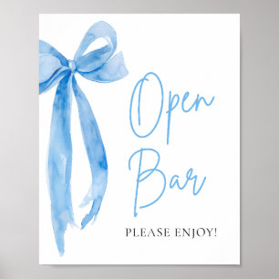 Waterverf Elegant Dusty Blue Bow Open Bar Sign Poster