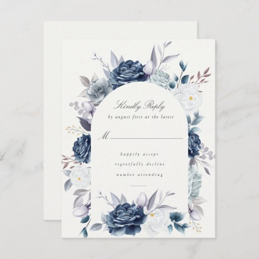 Waterverf Elegant Dusty Blue Floral rsvp (Voorkant / Achterkant)