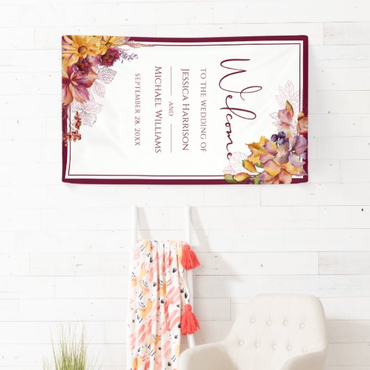 Waterverf Elegant Floral Herfst Burgundy Wedding Spandoek (Insitu)