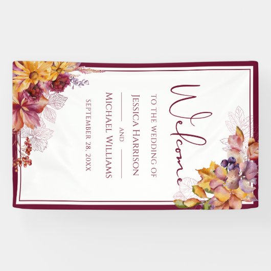 Waterverf Elegant Floral Herfst Burgundy Wedding Spandoek (Horizontaal)