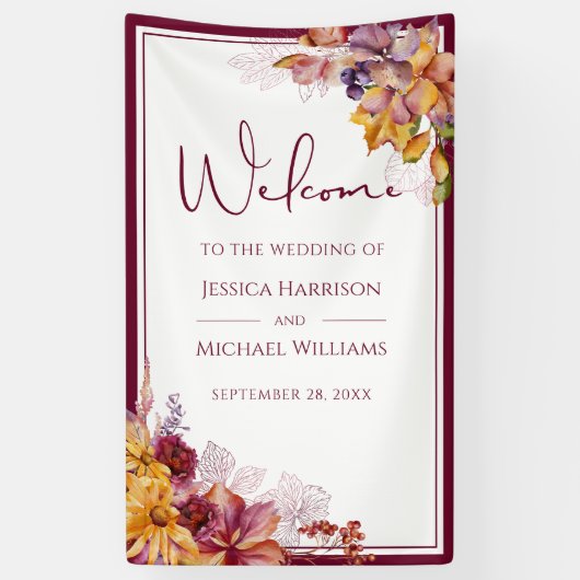 Waterverf Elegant Floral Herfst Burgundy Wedding Spandoek (Verticaal)