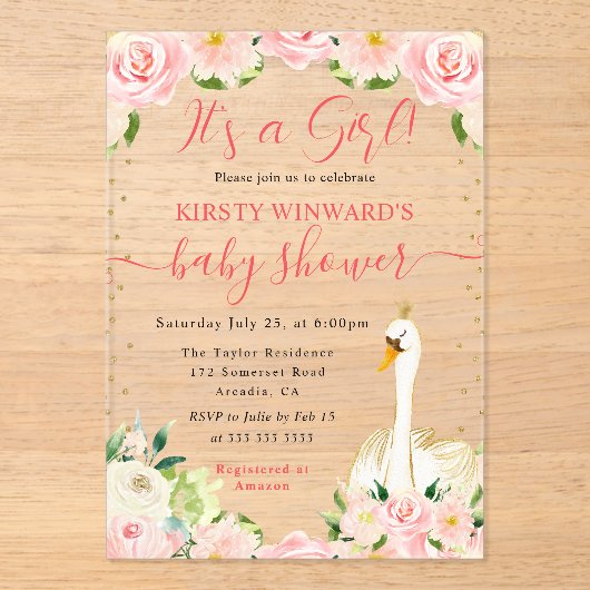 Waterverf Elegant Floral Swan Baby shower Acryl Uitnodigingen (Voorkant)
