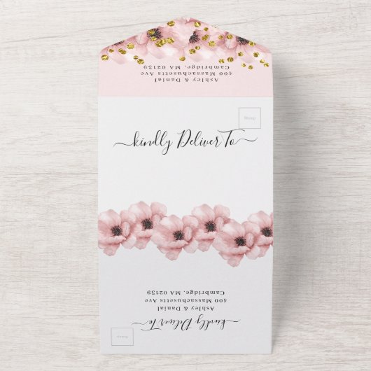 Waterverf Elegant Flowers Gold Wedding All In One Uitnodiging (Buitenkant)