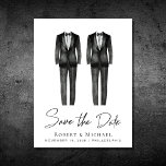 Waterverf Elegant Gay Wedding Tuxedo Aankondigingskaart<br><div class="desc">Elegant en chic no foto gay bruiloft behalve het briefkaart van de datumaankondiging met waterverven van twee tuxedos en "Save the Date" in een stijlvol script. Voeg je namen,  trouwdatum en locatie toe in moderne typografie. Aan de andere kant,  personaliseer uw sparen de datumaankondiging meer in detail.</div>