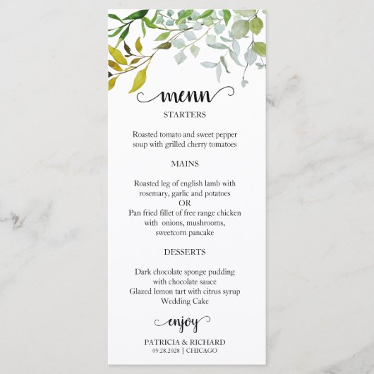 Waterverf Elegant Groen Bruiloft Menu (Voorkant)