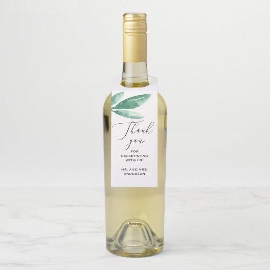 Waterverf elegant groene botanische scriptbruiloft flessenhanger (Op fles)