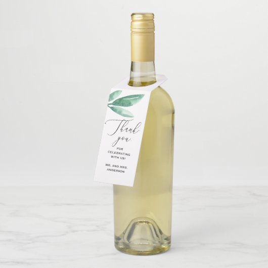 Waterverf elegant groene botanische scriptbruiloft flessenhanger (Schuin)