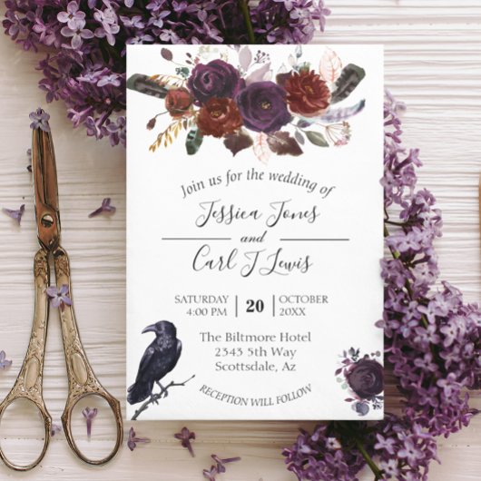 Waterverf Elegant Halloween Floral Crow Plum Inv Kaart