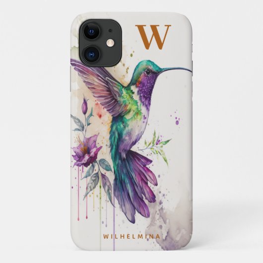 Waterverf Elegant Hummingbird Funny Monogram Naam Case-Mate iPhone Case (Achterkant)