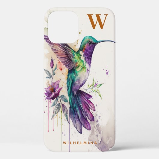 Waterverf Elegant Hummingbird Funny Monogram Naam Case-Mate iPhone Case (Achterkant)