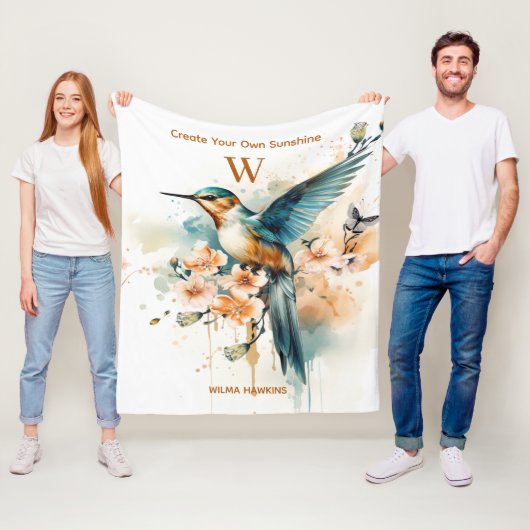 Waterverf Elegant Hummingbird Monogram met naam Fleece Deken (In situ)
