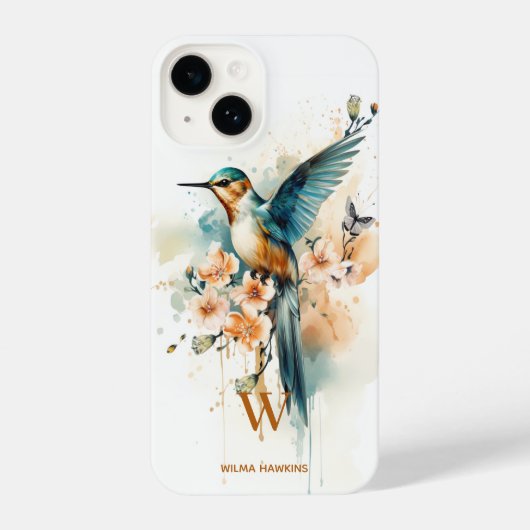 Waterverf Elegant Hummingbird Monogram met naam iPhone Hoesje (Achterkant)