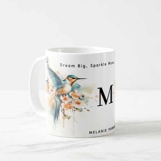 Waterverf Elegant Hummingbird Monogram met naam Koffiemok (Voorkant links)