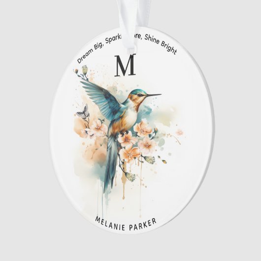 Waterverf Elegant Hummingbird Monogram met naam Ornament (voorkant)