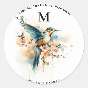 Waterverf Elegant Hummingbird Monogram met naam Ronde Sticker