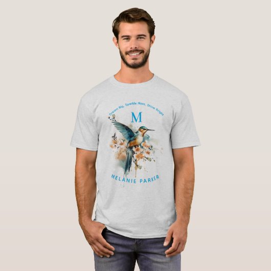 Waterverf Elegant Hummingbird Monogram met naam T-shirt (Voorkant volledig)
