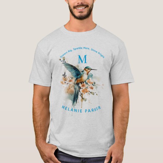 Waterverf Elegant Hummingbird Monogram met naam T-shirt (Voorkant)