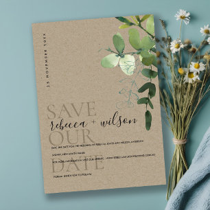 WATERVERF ELEGANT KRAFT GREEN EUCALYPTUS FOLIAGE SAVE THE DATE