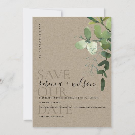 WATERVERF ELEGANT KRAFT GREEN EUCALYPTUS FOLIAGE SAVE THE DATE (Voorkant)