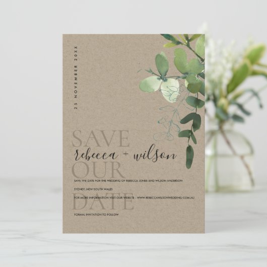 WATERVERF ELEGANT KRAFT GREEN EUCALYPTUS FOLIAGE SAVE THE DATE (Staand voorkant)