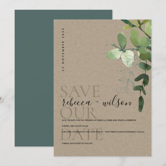 WATERVERF ELEGANT KRAFT GREEN EUCALYPTUS FOLIAGE SAVE THE DATE (Voorkant / Achterkant)