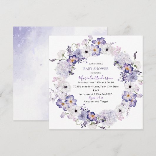 Waterverf Elegant lila Bloemen baby shower Feestdagenkaart (Voorkant / Achterkant)