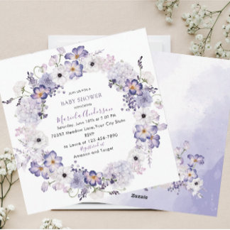 Waterverf Elegant lila Bloemen baby shower Feestdagenkaart