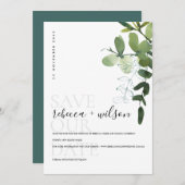 WATERVERF ELEGANT MODERN GREEN EUCALYPTUS FOLIAGE SAVE THE DATE (Voorkant / Achterkant)