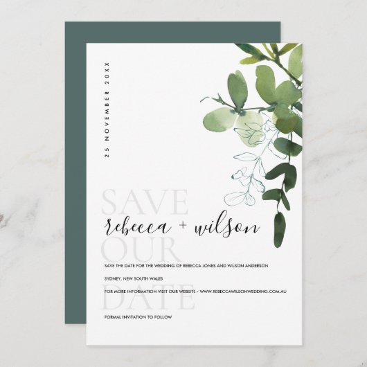 WATERVERF ELEGANT MODERN GREEN EUCALYPTUS FOLIAGE SAVE THE DATE (Voorkant / Achterkant)