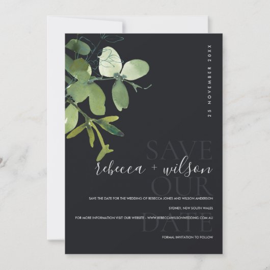 WATERVERF ELEGANT MODERN GREEN NAVY EUCALYPTUS SAVE THE DATE (Voorkant)