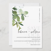 WATERVERF ELEGANT MODERN GREEN WHITE EUCALYPTUS SAVE THE DATE (Voorkant)