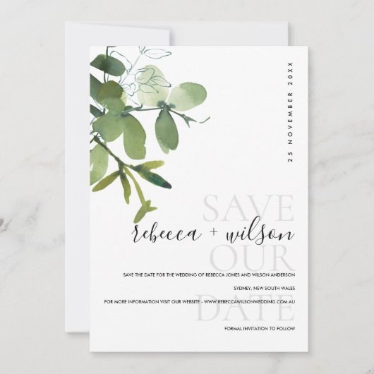 WATERVERF ELEGANT MODERN GREEN WHITE EUCALYPTUS SAVE THE DATE (Voorkant)
