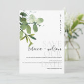 WATERVERF ELEGANT MODERN GREEN WHITE EUCALYPTUS SAVE THE DATE (Staand voorkant)